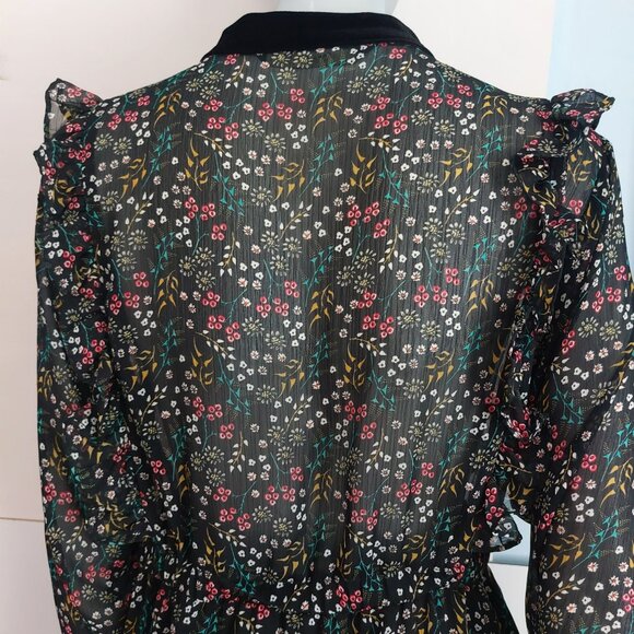 Zara Sheer Floral Mini Dress L Romantic Velvet Trim Goth Cottagecore Tie Neck - Picture 7 of 16